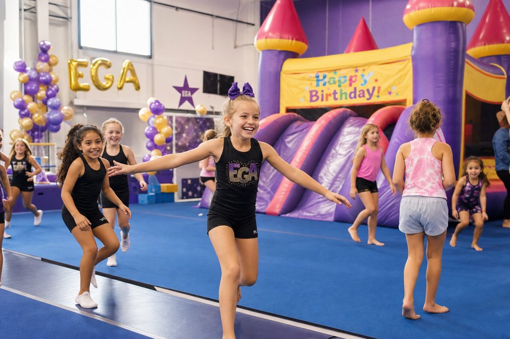 Children playing at a Basecamp Bash birthday party in the gym