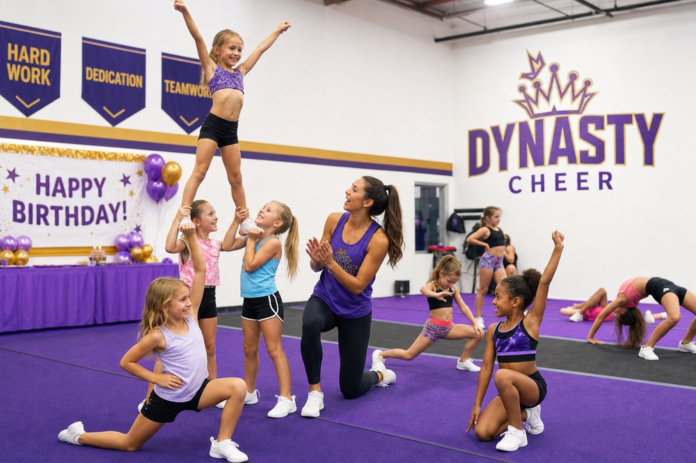 Kids learning cheer and stunts at a Summit Celebration birthday party