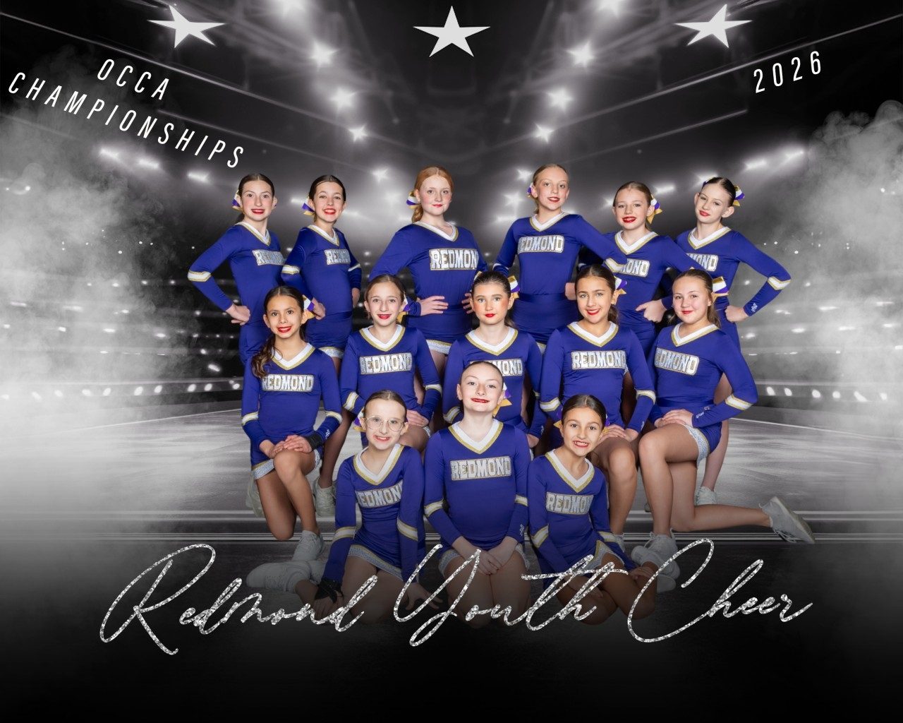 Gold team championship group photo in blue Redmond uniforms