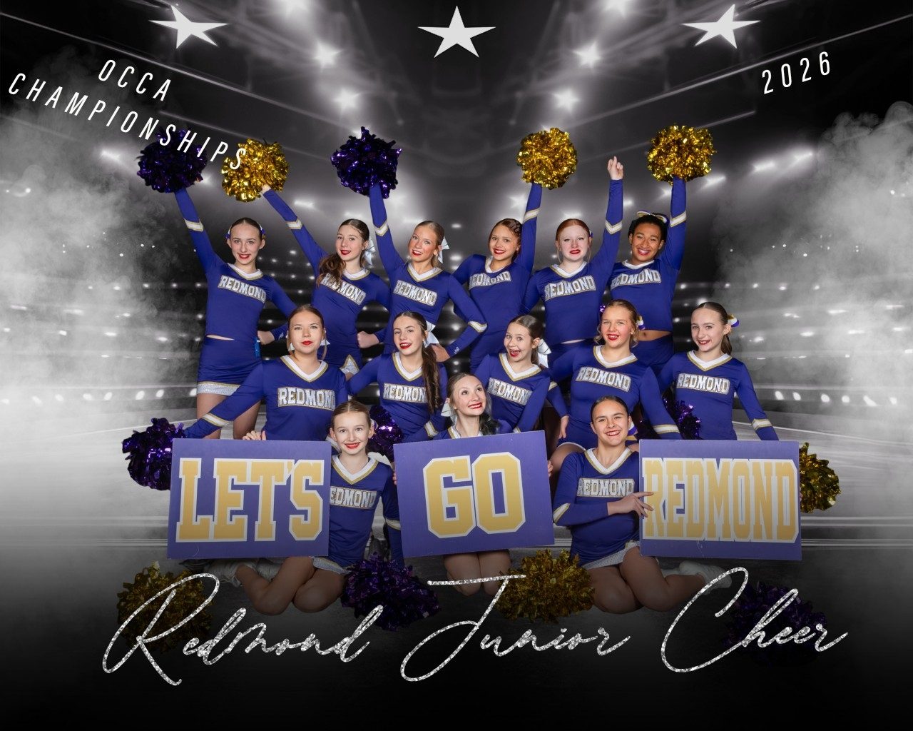 Junior team championship photo with poms and Let's Go Redmond signs