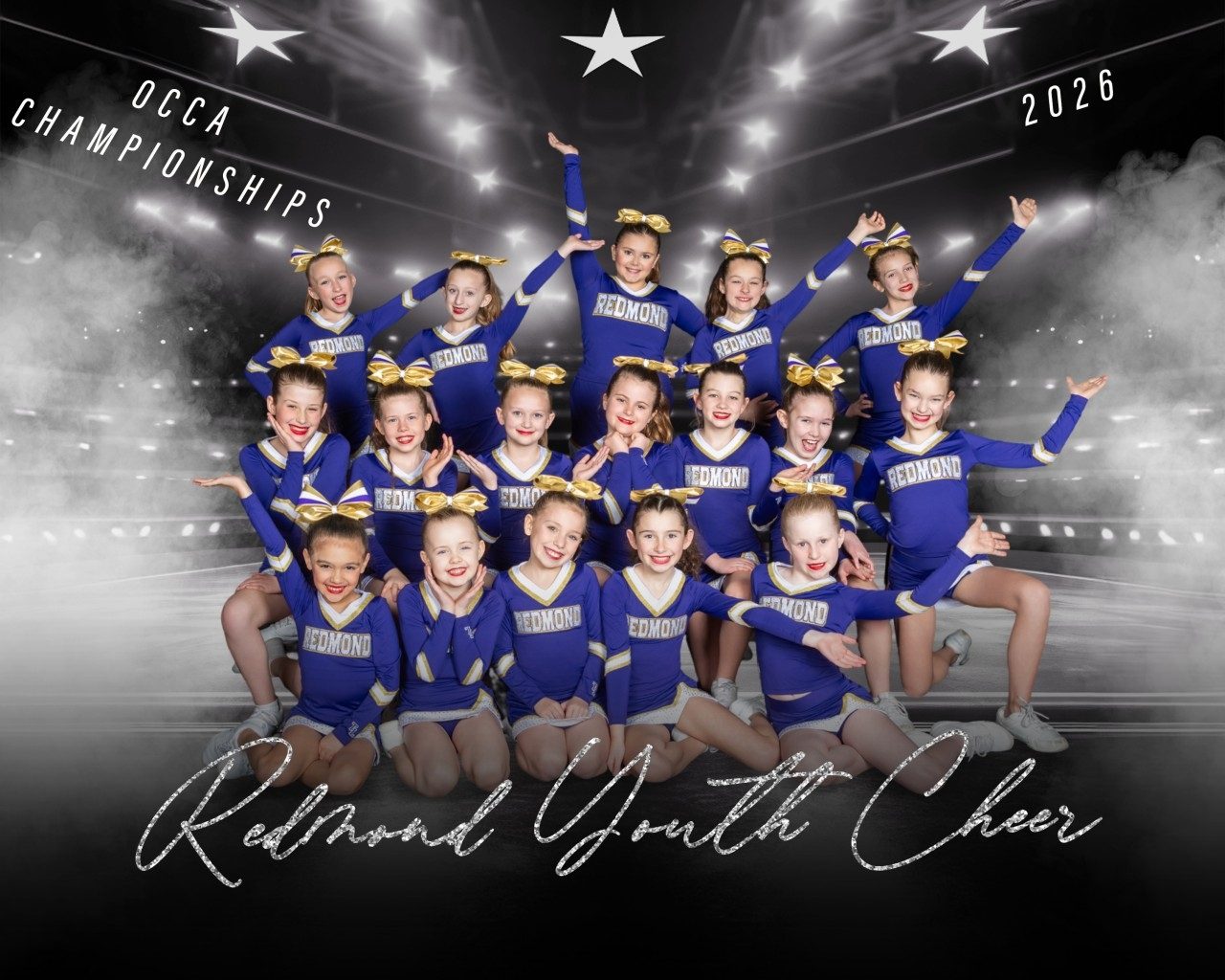 Youth team championship group photo under arena lights
